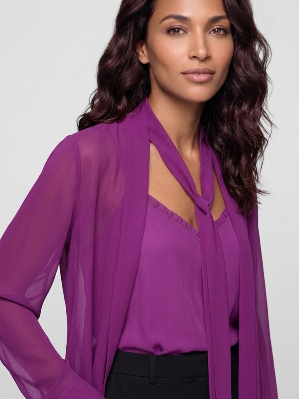 Banana Republic Purple Chiffon Tie Neck Blouse & Matching Cami Set ; Size Large